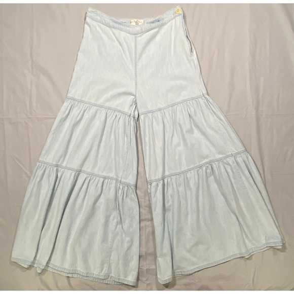 Free People We The Free Tiered Wide Leg Denim Pants Light Wash Blue Womens 6 - Picture 2 of 16